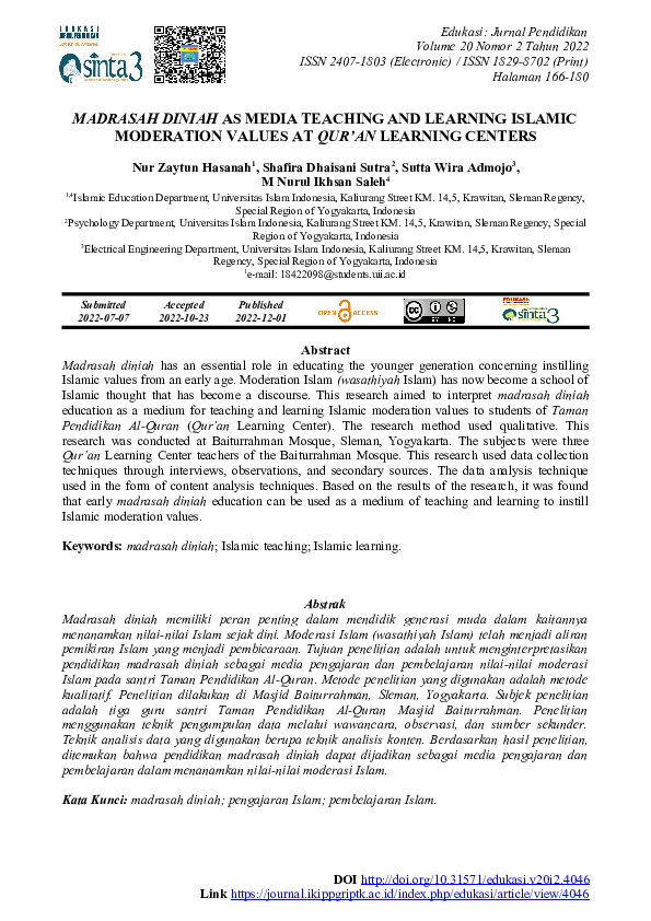 (DOC) Madrasah Diniah as Media Teaching and Learning Islamic Moderation ...