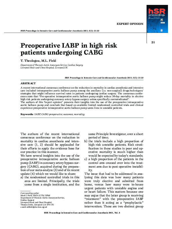 (PDF) Preoperative IABP in high risk patients undergoing CABG