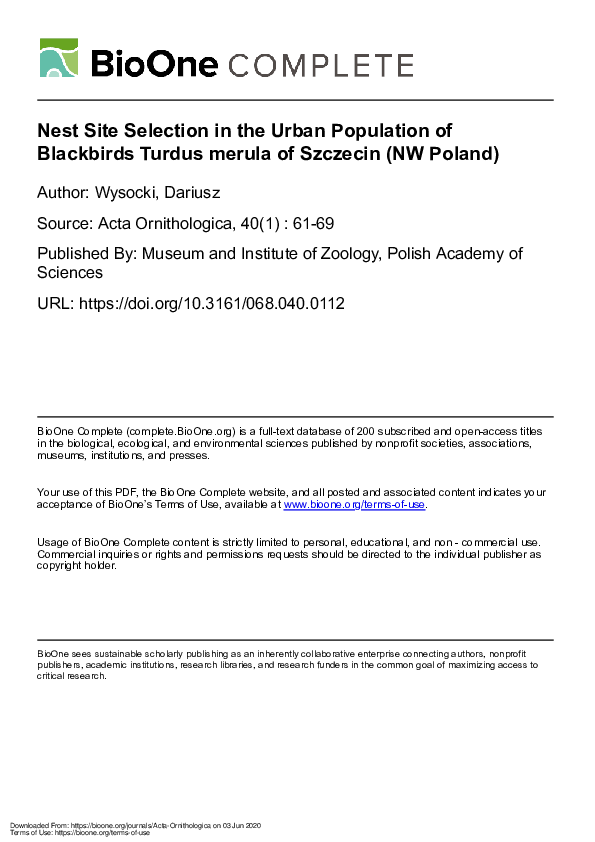 (PDF) Nest Site Selection in the Urban Population of Blackbirds Turdus