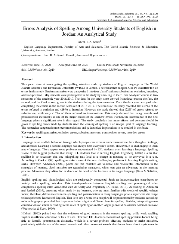 (PDF) Errors Analysis of Spelling Among University Students of English ...