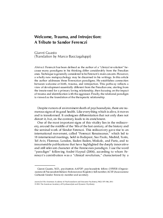 (PDF) Welcome, Trauma, and Introjection: A Tribute to Sandor Ferenczi