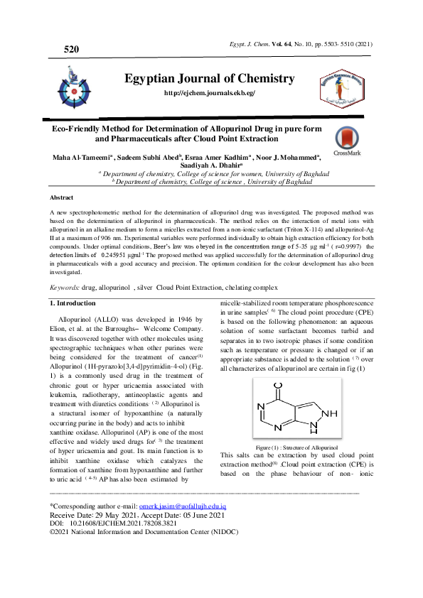 (PDF) Eco-Friendly Method for Determination of Allopurinol Drug in pure ...