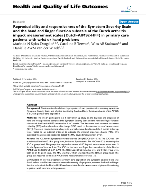 (PDF) Reproducibility and responsiveness of the Symptom Severity Scale ...