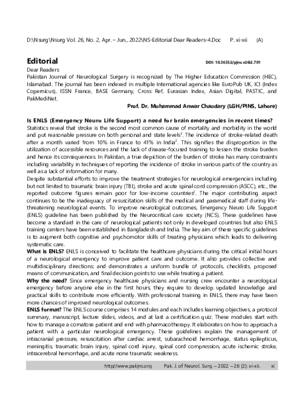 (PDF) Is ENLS (Emergency Neuro Life Support) a need for brain ...