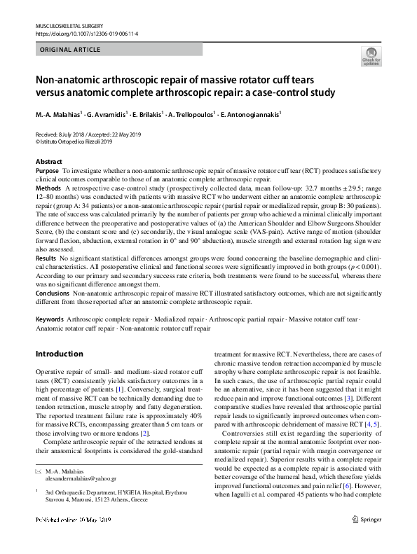 (PDF) Non-anatomic arthroscopic repair of massive rotator cuff tears ...