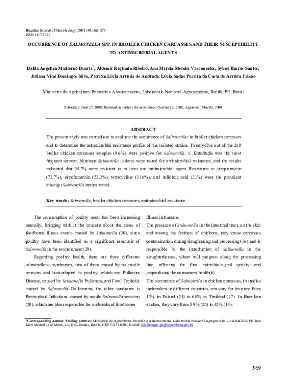 (PDF) Occurrence of Salmonella spp. in broiler chicken carcasses and ...