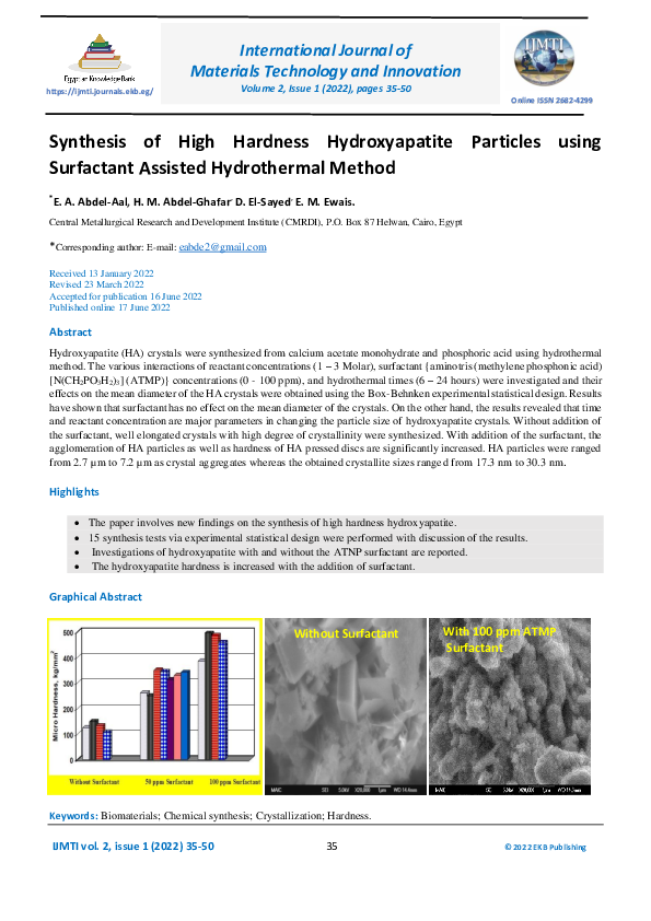 (PDF) Synthesis of High Hardness Hydroxyapatite Particles using ...