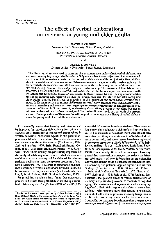 (PDF) The effect of verbal elaborations on memory in young and older adults