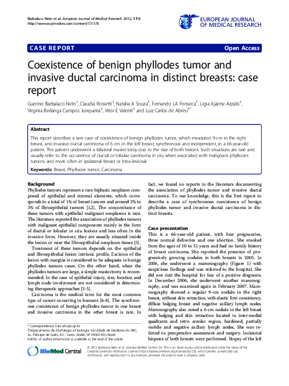 (PDF) Coexistence of benign phyllodes tumor and invasive ductal ...