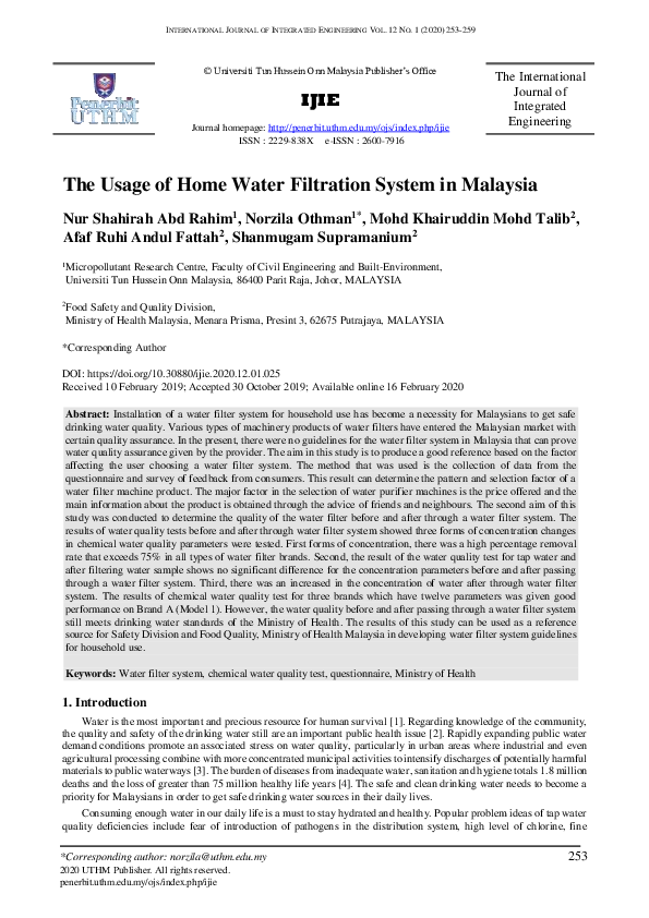(PDF) The usage of home water filtration system in Malaysia izzah