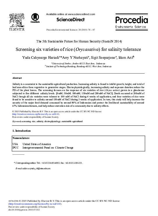 (PDF) Screening Six Varieties of Rice (Oryzasativa) for Salinity Tolerance