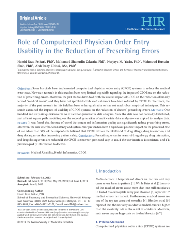 (PDF) Role of Computerized Physician Order Entry Usability in the ...