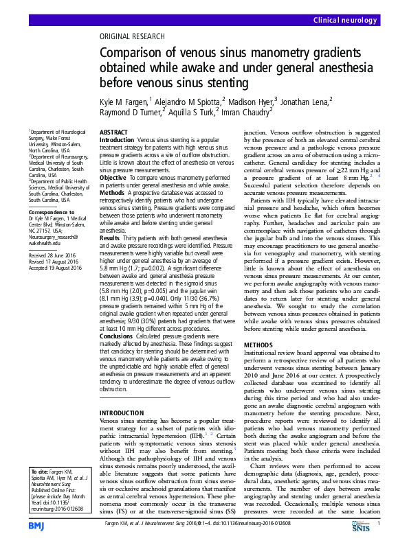 (PDF) Comparison of venous sinus manometry gradients obtained while ...
