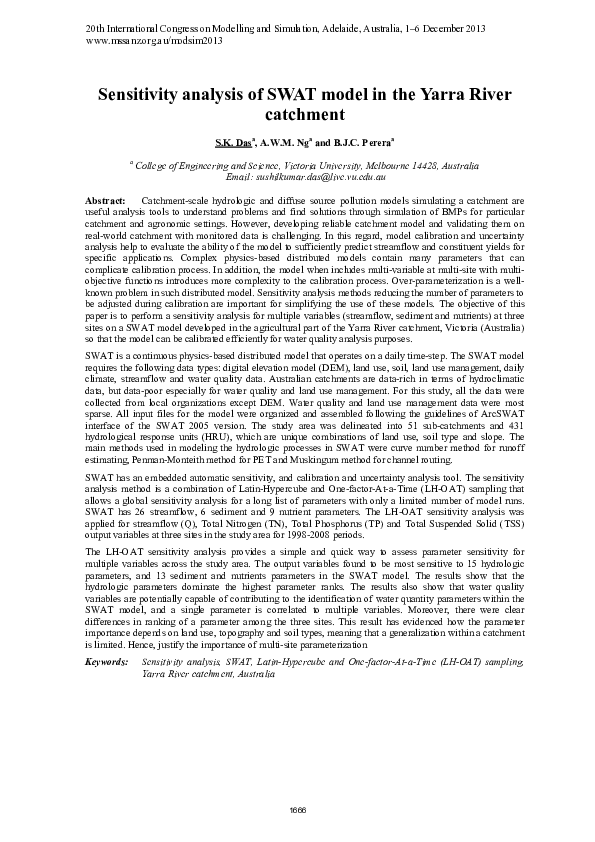 (PDF) Sensitivity analysis of SWAT model in the Yarra River catchment