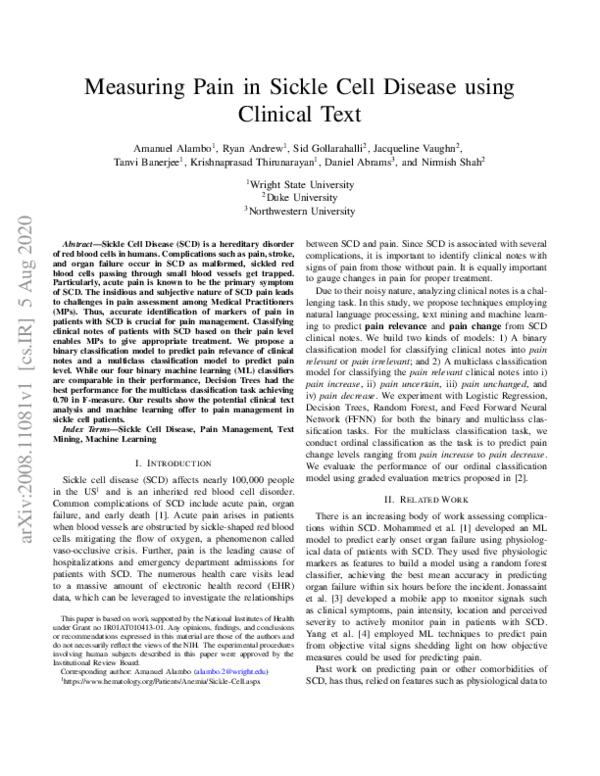 (PDF) Measuring Pain in Sickle Cell Disease using Clinical Text