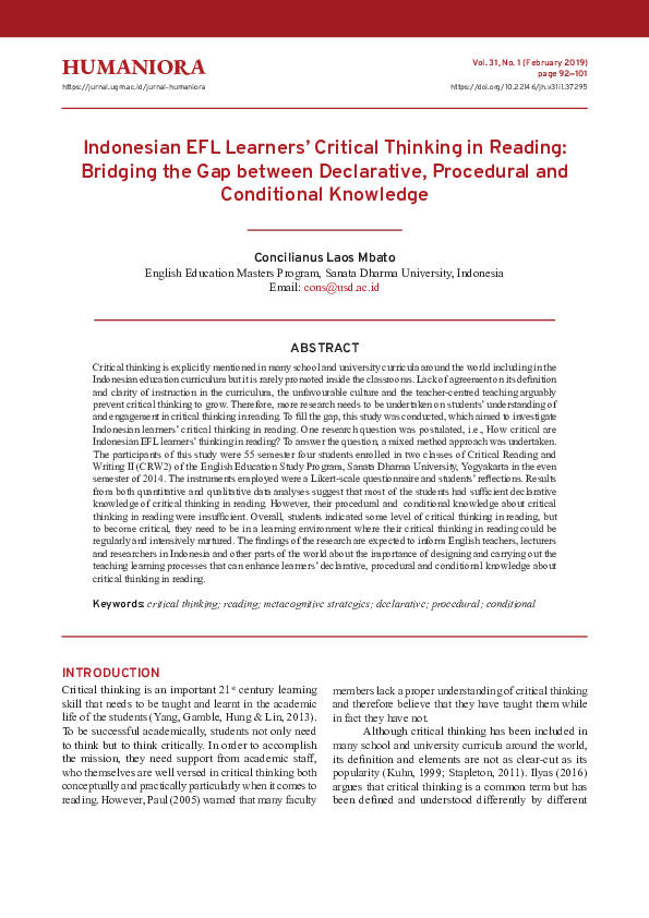 (PDF) Indonesian EFL Learners’ Critical Thinking in Reading: Bridging ...