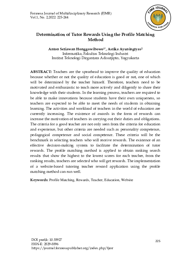 (PDF) Determination of Tutor Rewards Using the Profile Matching Method