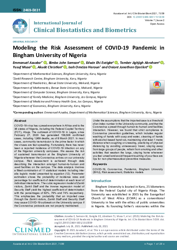 (PDF) Modeling the Risk Assessment of COVID-19 Pandemic in Bingham ...