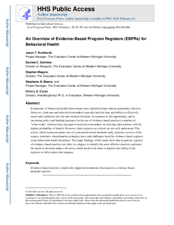 (PDF) An overview of evidence-based program registers (EBPRs) for ...