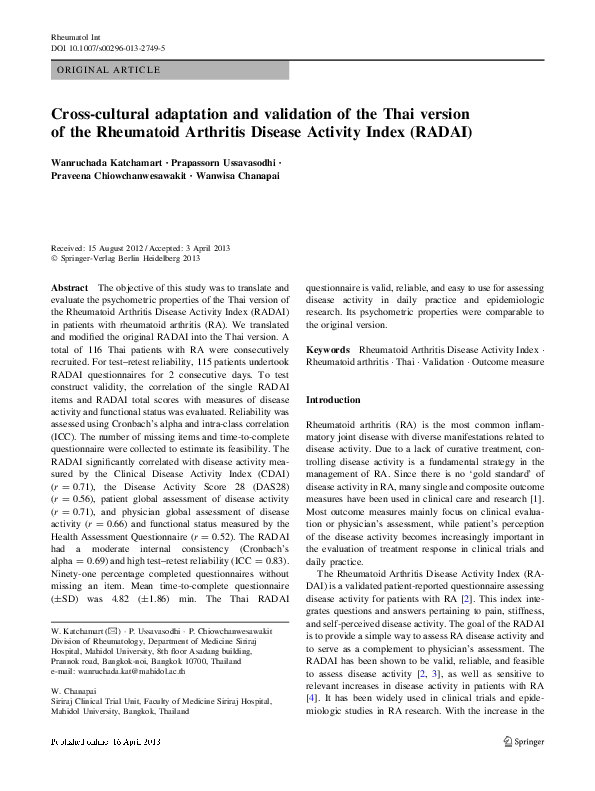 (PDF) Cross-cultural adaptation and validation of the Thai version of ...