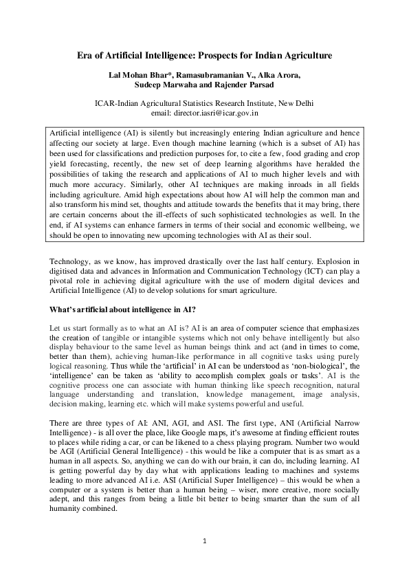 (PDF) Era of Artificial Intelligence: prospects for Indian Agriculture
