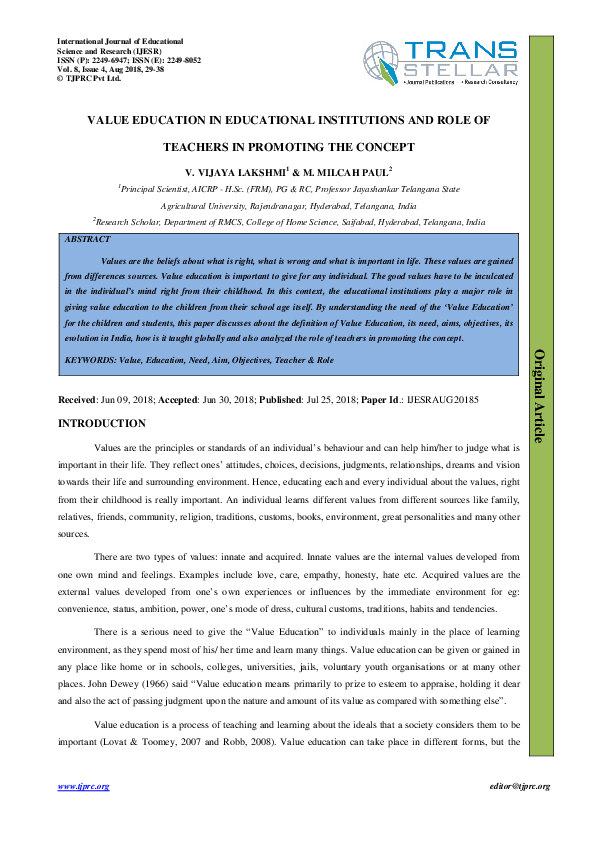 (PDF) Value Education in Educational Institutions and Role of Teachers ...