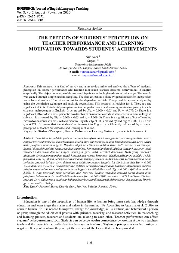 (PDF) The Effects of Student’s Perception on Teacher Performance and ...