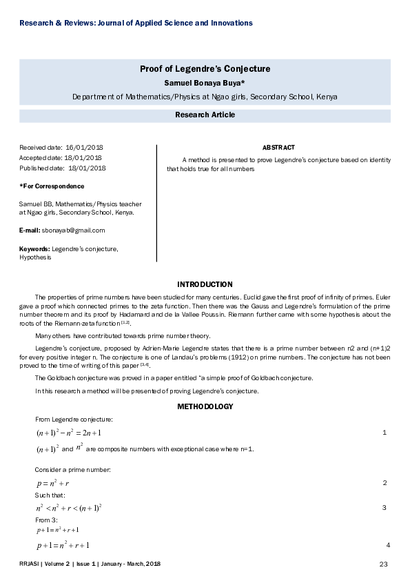 (PDF) Proof of Legendre's Conjecture