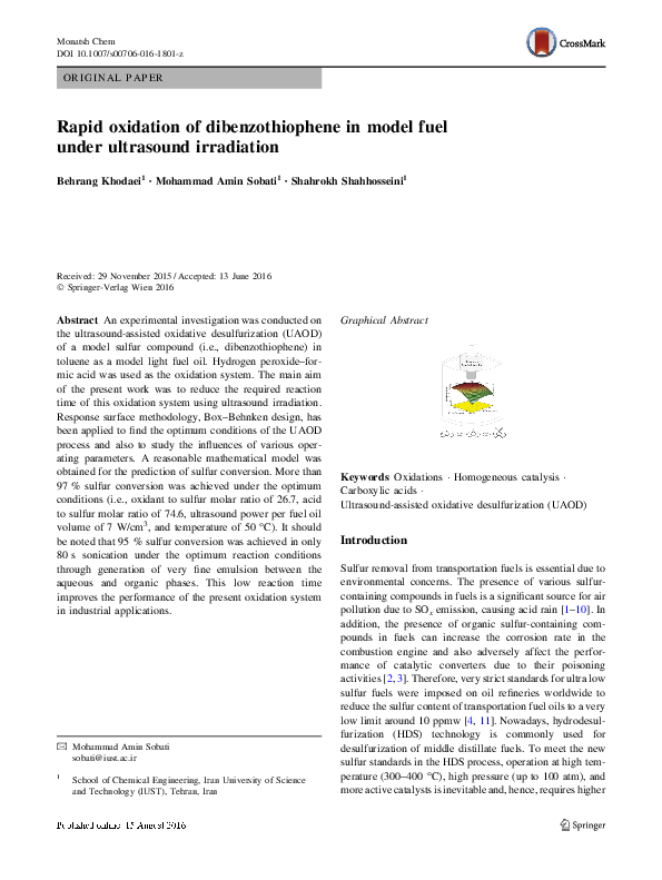 (PDF) Rapid oxidation of dibenzothiophene in model fuel under ...
