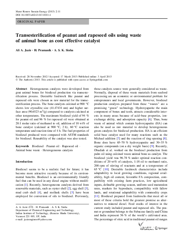 (PDF) Transesterification of peanut and rapeseed oils using waste of