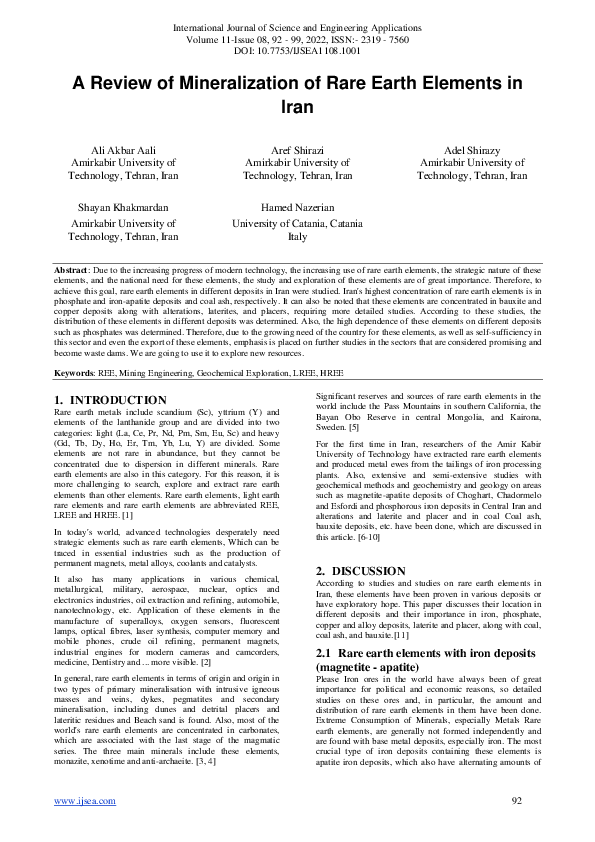 (PDF) A Review of Mineralization of Rare Earth Elements in Iran