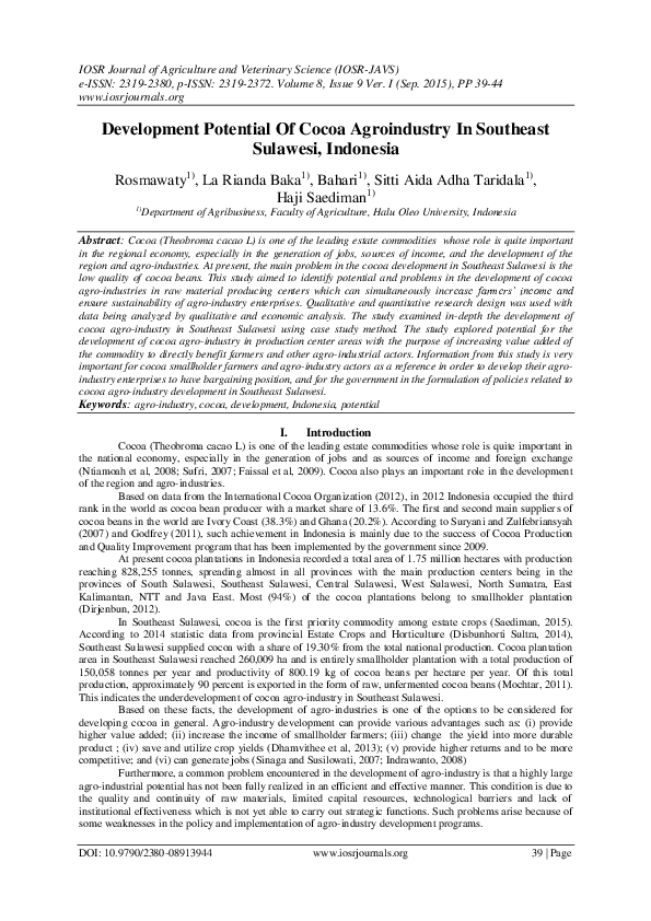 (PDF) Development Potential Of Cocoa Agroindustry In Southeast Sulawesi ...