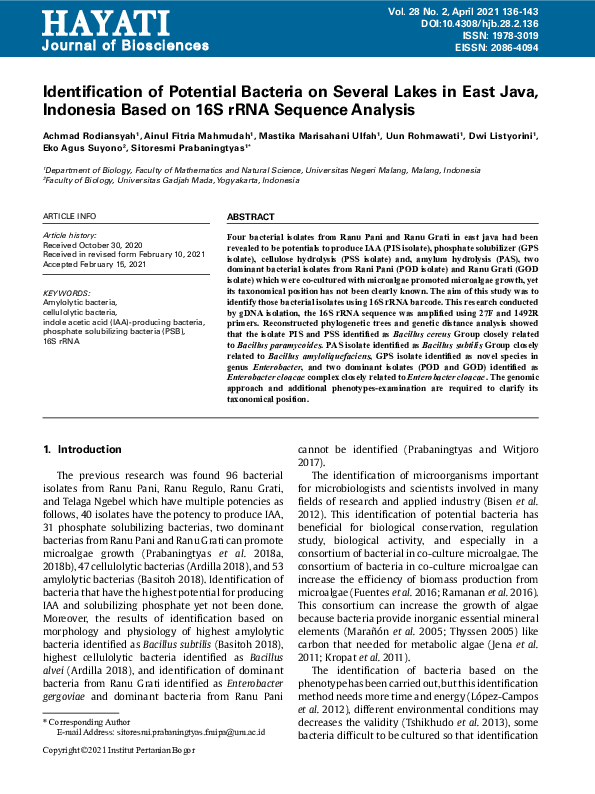 (PDF) Identification of Potential Bacteria on Several Lakes in East ...