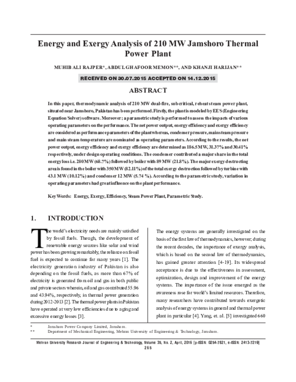 (PDF) Energy and Exergy Analysis of 210 MW Jamshoro Thermal Power Plant