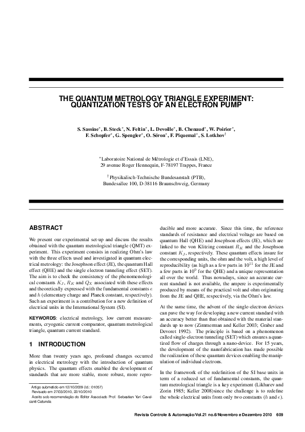 (PDF) The quantum metrology triangle experiment: quantization tests of ...