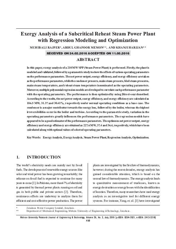 (PDF) Exergy Analysis of a Subcritical Reheat Steam Power Plant with ...