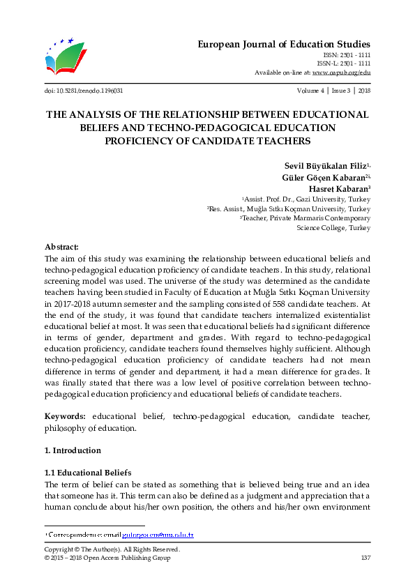(PDF) The Analysis of the Relationship Between Educational Beliefs and ...