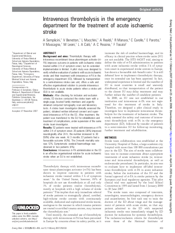 (PDF) Intravenous thrombolysis in the emergency department for the ...