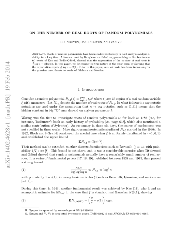 (PDF) On the number of real roots of random polynomials