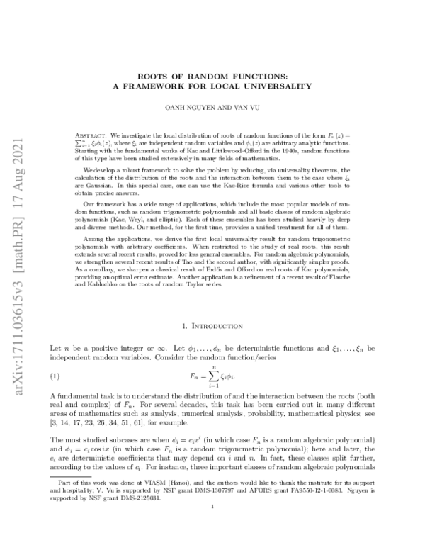 (PDF) Roots of random functions: A framework for local universality