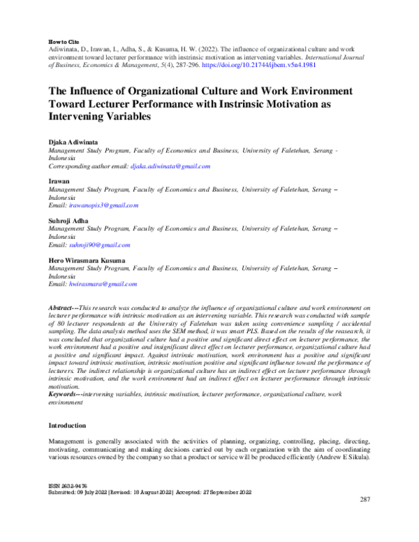 (PDF) Influence of Organizational Culture and Work Environment Toward ...