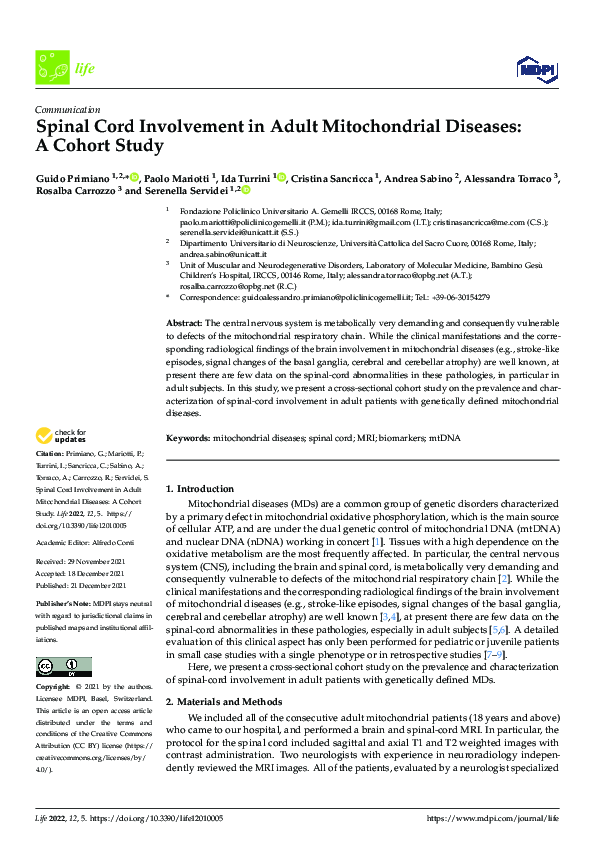 (PDF) Spinal Cord Involvement in Adult Mitochondrial Diseases: A Cohort ...