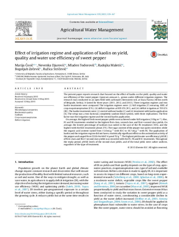 (PDF) Effect of irrigation regime and application of kaolin on yield ...