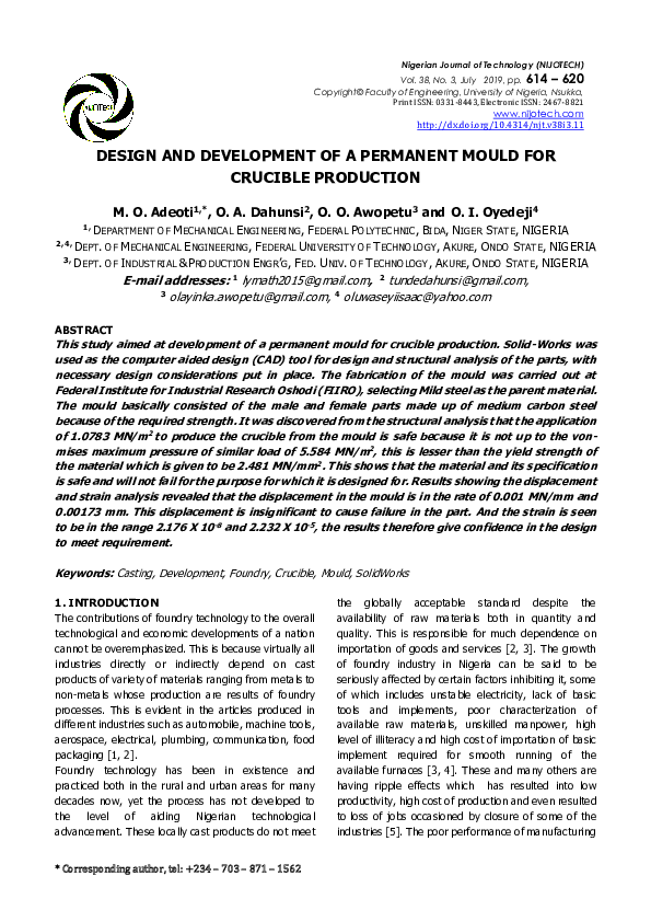 (PDF) Design and development of a permanent mould for crucible production