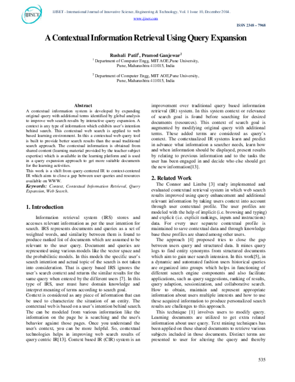 (PDF) A Contextual Information Retrieval Using Query Expansion
