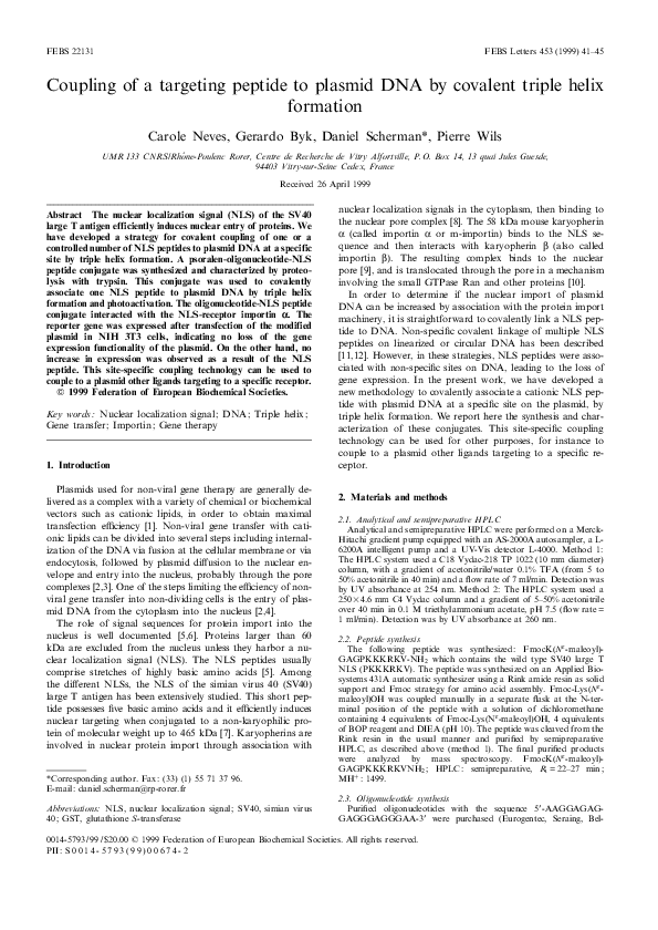 (PDF) Coupling of a targeting peptide to plasmid DNA by covalent triple ...