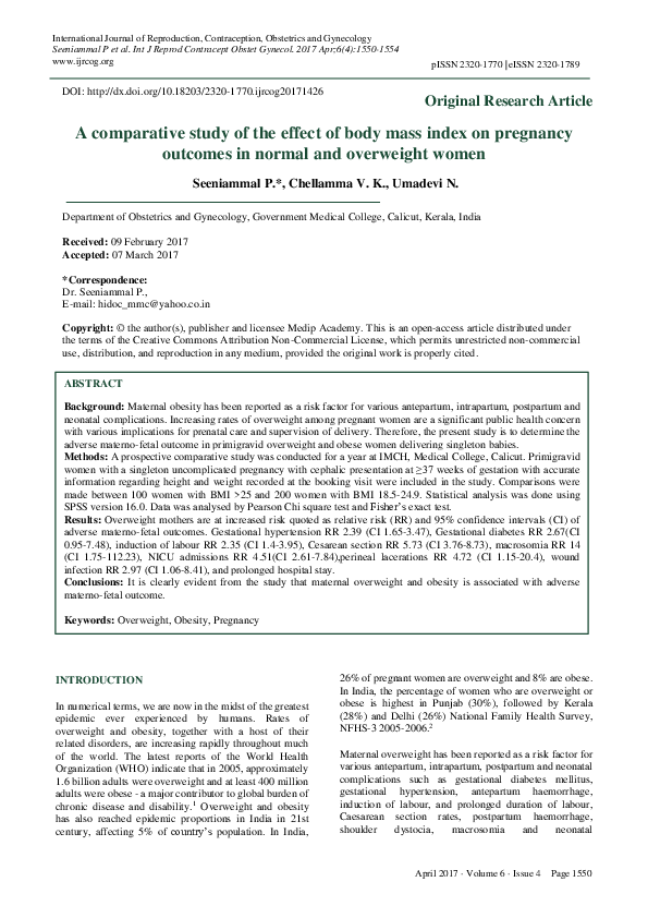 (PDF) A comparative study of the effect of body mass index on pregnancy ...