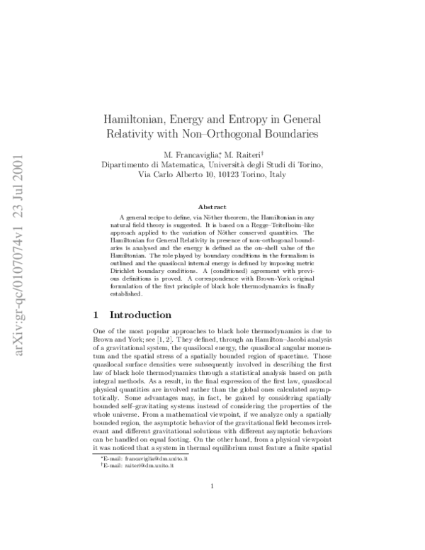 (PDF) Hamiltonian, energy and entropy in general relativity with non ...