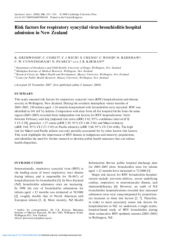 (PDF) Risk factors for respiratory syncytial virus bronchiolitis ...
