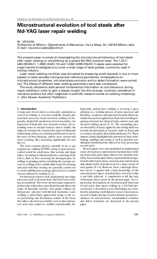 (PDF) Microstructural evolution of tool steels after Nd-YAG laser ...